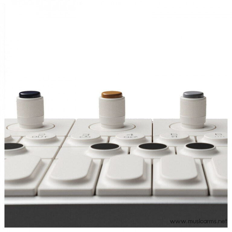White modular keyboard/device with three knurled knobs on top (blue, orange, gray) set against a white background. ขายราคาพิเศษ