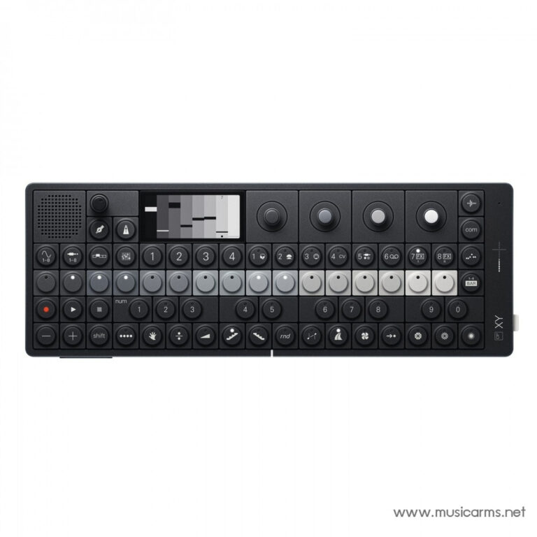Front view of a compact black portable synthesizer with a small display, round keys, and knobs for modulation and tuning used for music production (OP-1 style). ขายราคาพิเศษ