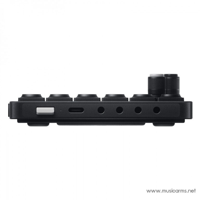 Bottom view of a small black MIDI/controller showing a USB-C port and control knobs on the right side. ขายราคาพิเศษ