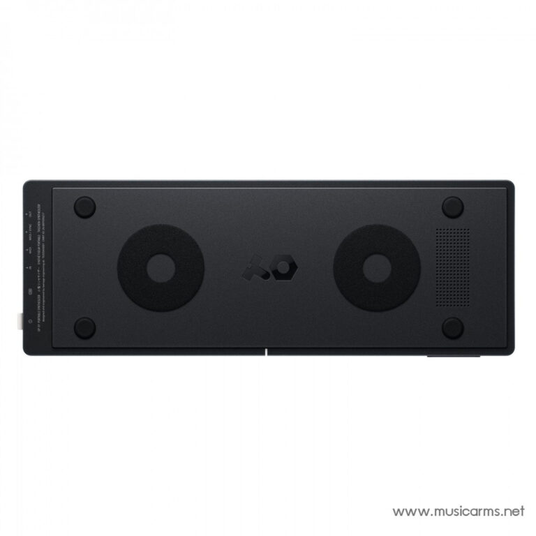 Top-down view of a black rectangular speaker with two large circular drivers and a right-side vent, logo centered. ขายราคาพิเศษ