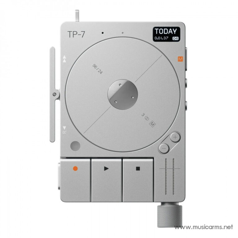 Silver portable turntable labeled TP-7 with circular platter, small TODAY display, and four square control pads at the bottom area. ขายราคาพิเศษ
