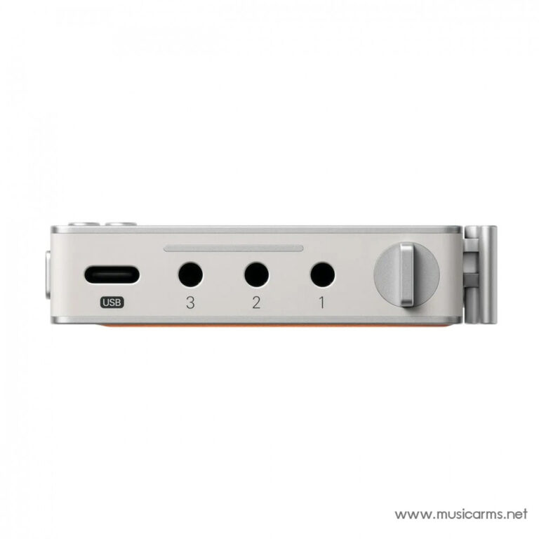 Close-up of a silver audio interface showing a USB port on the left, three labeled 1–3 jacks in the middle, and a round knob on the right. ขายราคาพิเศษ