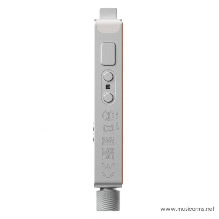 Side view of a slim silver audio gadget with two round buttons, a square button, an orange edge, and a knurled bottom knob. Watermark: www.musicarms.net. ขายราคาพิเศษ