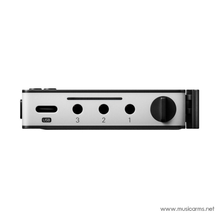 Close-up of a silver audio interface panel with a USB port, three numbered jacks (1–3) and a large black knob. ขายราคาพิเศษ