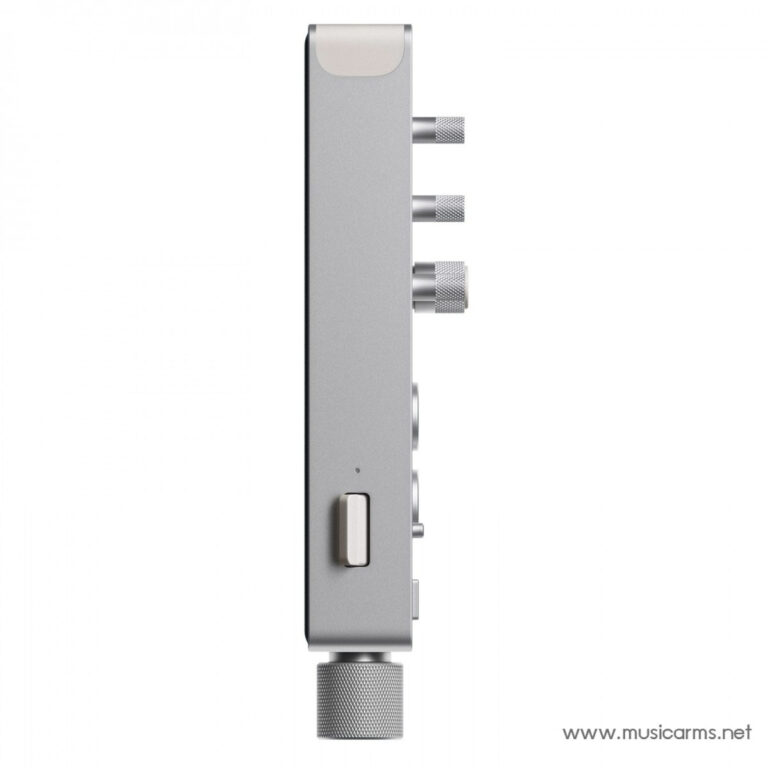Side view of a slim silver audio device with three knurled control knobs on the right edge. ขายราคาพิเศษ