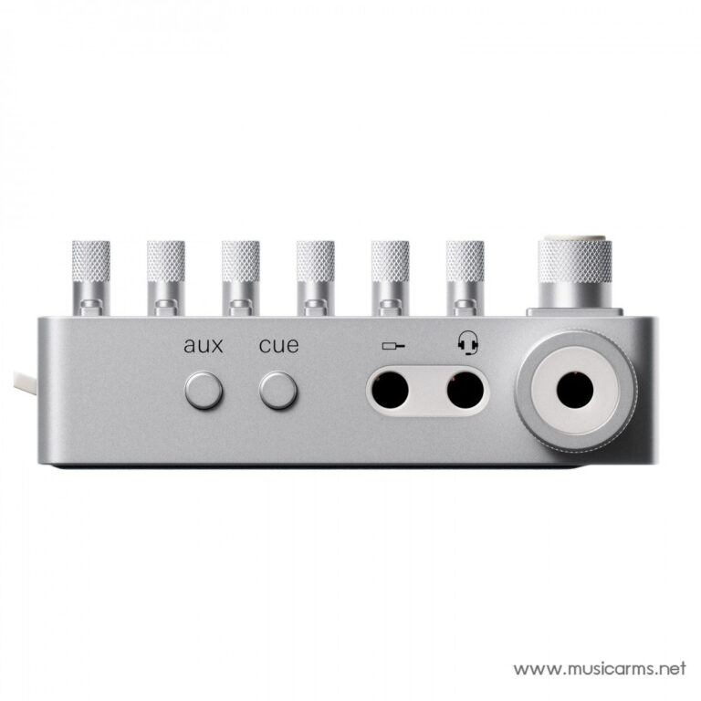 Silver multi-channel audio interface with six knurled knobs, two push buttons labeled aux and cue, two 1/4