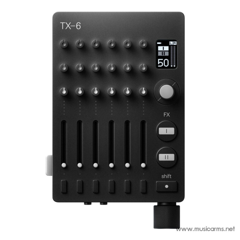 TX-6 control surface with six vertical faders, rows of knobs, and a small right-side display for parameters and FX controlupside down knob and shift buttons visible on a black unit. ขายราคาพิเศษ