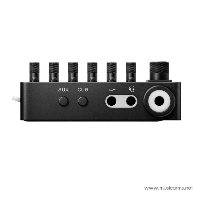 Small black audio interface with six knobs, aux and cue labels, and a large headphone output on the right side. ขายราคาพิเศษ
