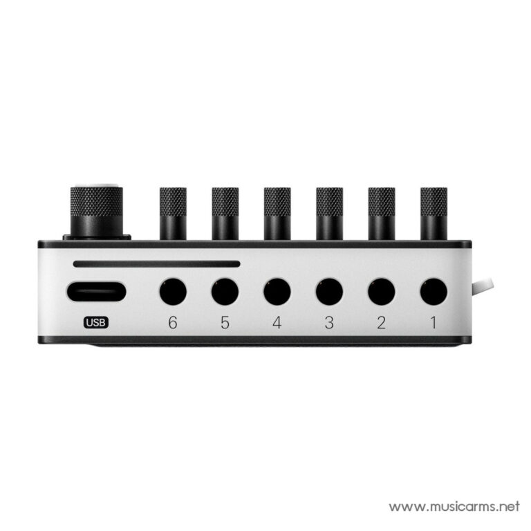 Six-channel footswitch pedal with six black knobs and a USB port, labeled 1–6, on a silver baseplate. ขายราคาพิเศษ