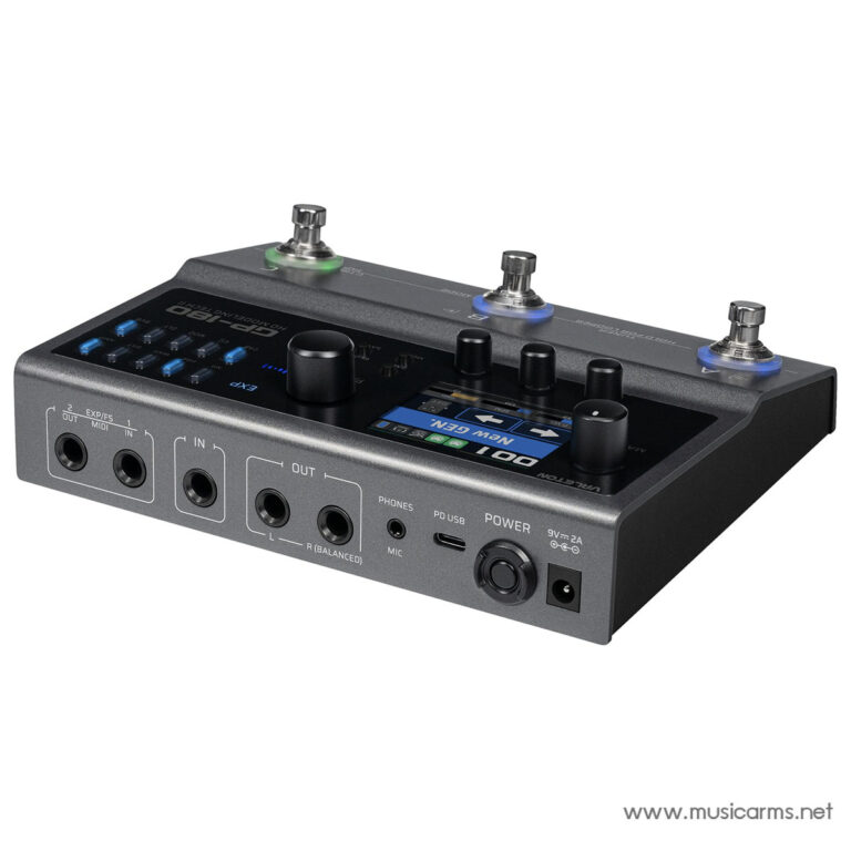Compact guitar multi-effects pedal with expression pedal, navigation knobs, and a small LCD display at the center. ขายราคาพิเศษ
