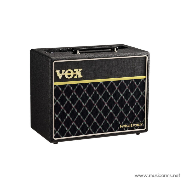Vox guitar amplifier with black tolex, gold VOX logo, and diamond-pattern grille on white background ขายราคาพิเศษ