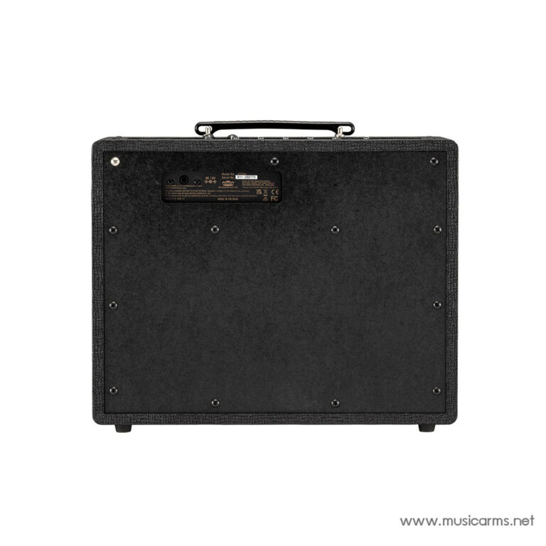 Rear view of a black guitar amplifier head with a textured covering, metal top handle, and a small info plate on the back. ขายราคาพิเศษ