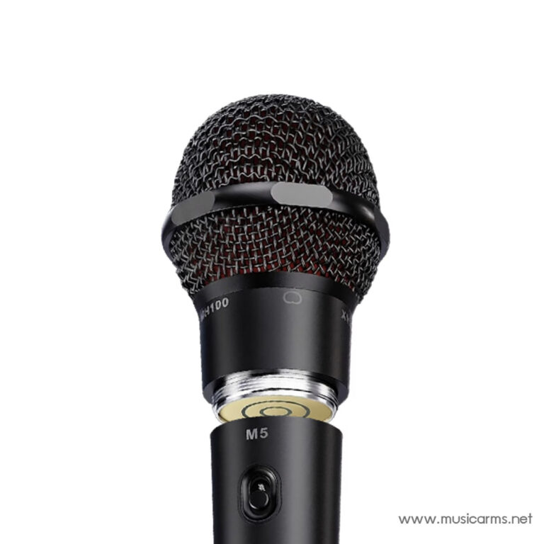Close-up of a black handheld microphone with a metal mesh grille and a gold connector, labeled M5 on the body. ขายราคาพิเศษ