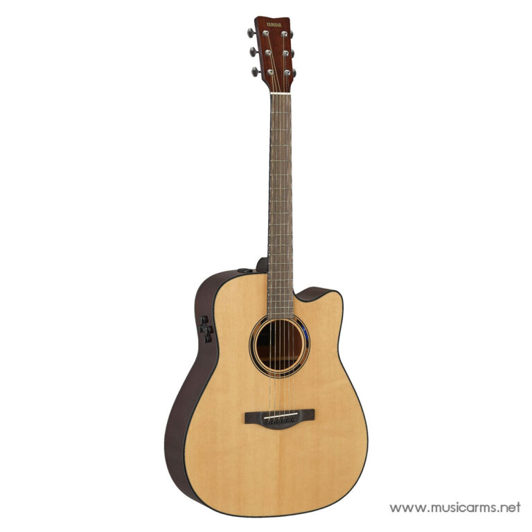 Natural-finish acoustic guitar with a single cutaway, standing upright, six strings visible. ขายราคาพิเศษ