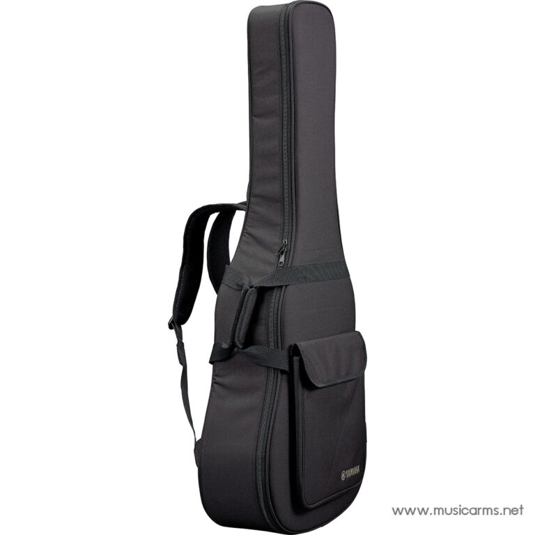Black guitar gig bag standing upright with zipper, front pocket, and carrying straps; Yamaha logo visible on the lower front. ขายราคาพิเศษ