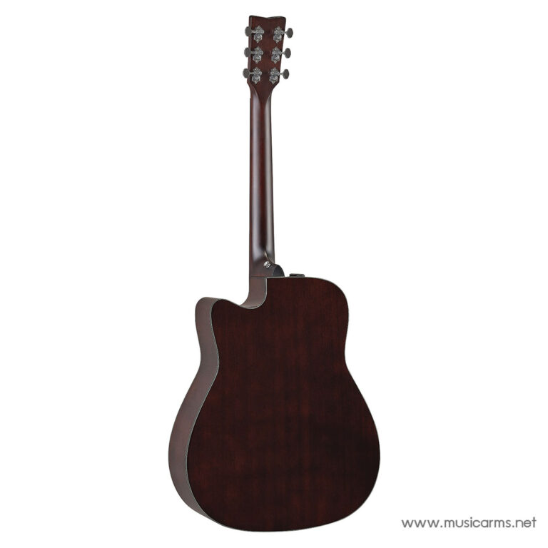Back view of a dark brown acoustic guitar, showing the neck and the curved back of the body with six tuning pegs on the headstock ขายราคาพิเศษ