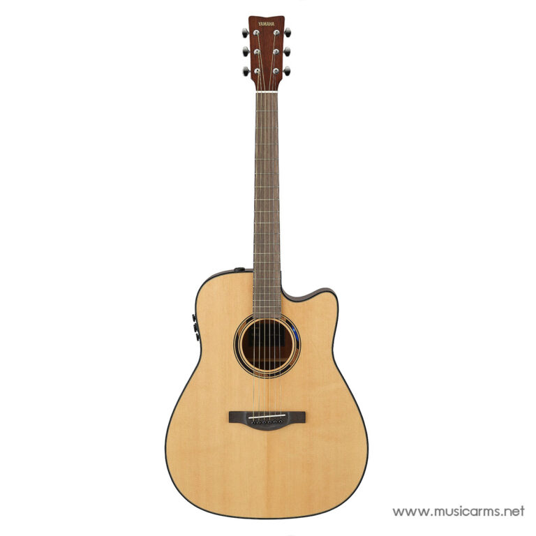 Natural-finish Yamaha acoustic guitar with a single cutaway, six steel strings, a rosewood fretboard, and a decorative soundhole rosette on a white background. ขายราคาพิเศษ