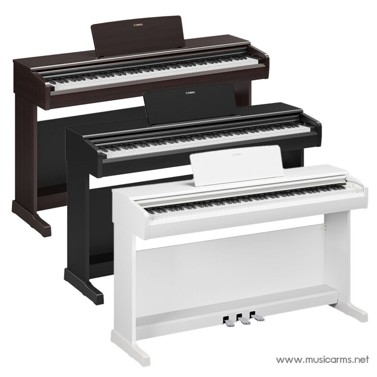 Three Yamaha digital pianos stacked on matching stands in brown, black, and white finishes, shown in a tiered display. ขายราคาพิเศษ