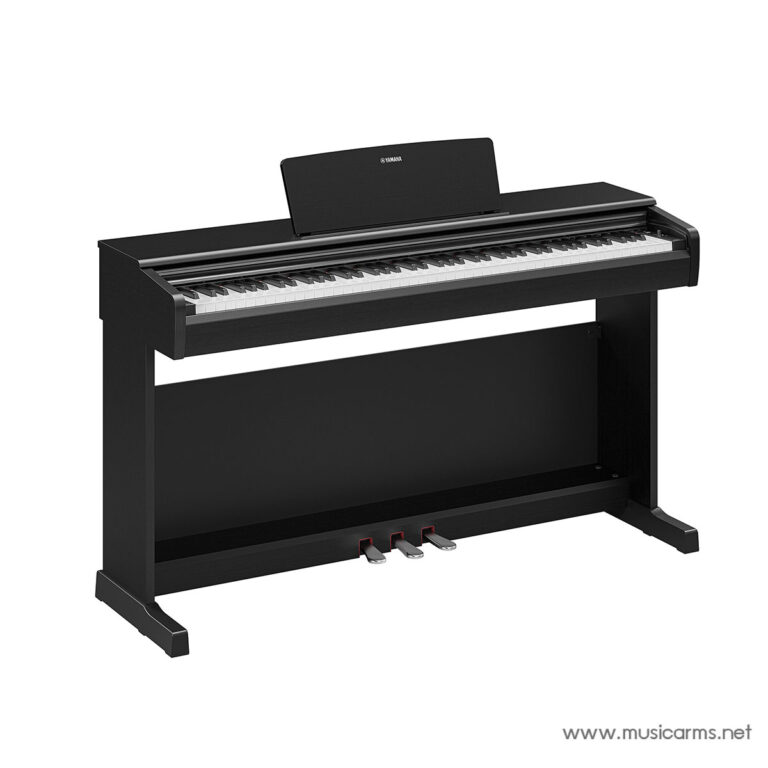 Black digital piano on a matching stand with three pedals and a music stand, Yamaha logo visible on the back panel. ขายราคาพิเศษ