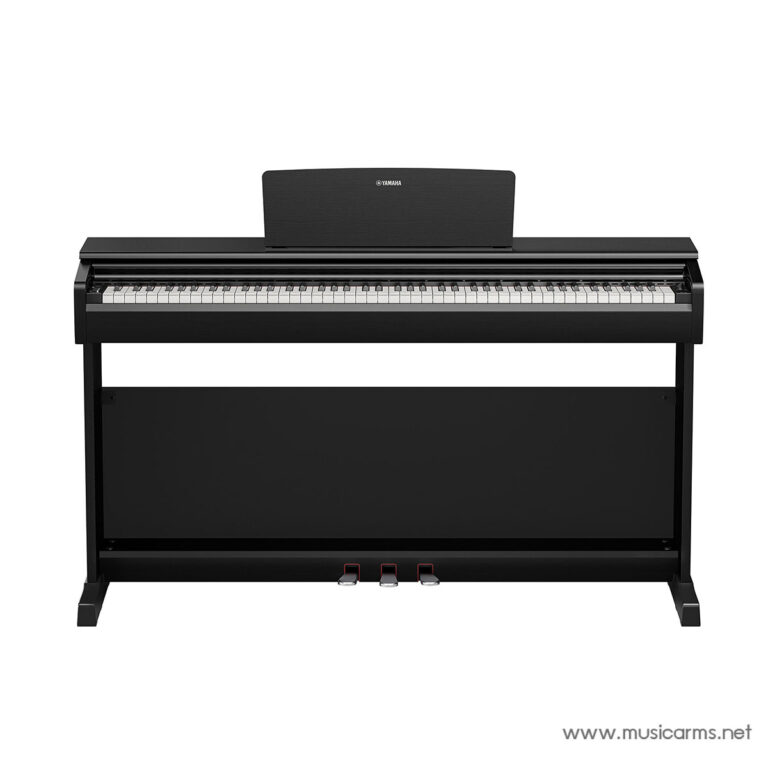 Black digital upright piano in a sleek finish with a music stand, front view showing keys and pedals (Yamaha branding) ขายราคาพิเศษ