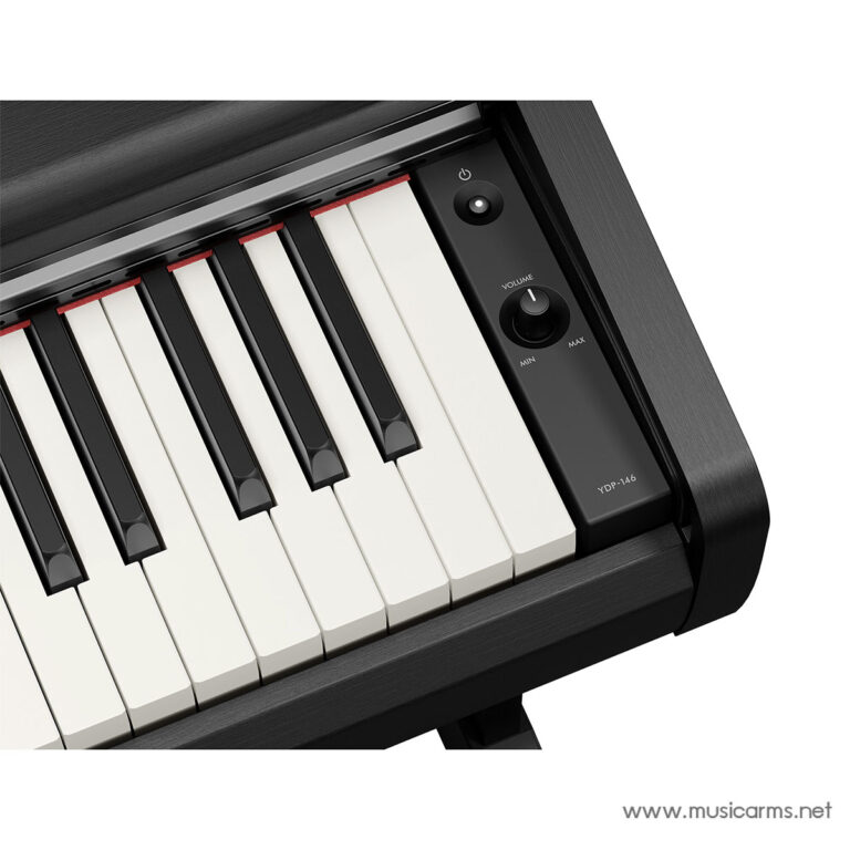 Close-up of a digital piano keyboard with black and white keys and a right-side control panel showing volume knob and power button. ขายราคาพิเศษ