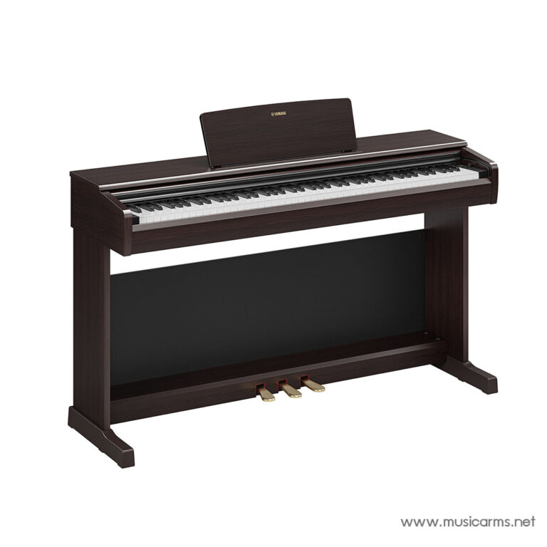 Dark wood upright digital piano with a music stand, viewed from the side. 3 pedals visible at the base. ขายราคาพิเศษ