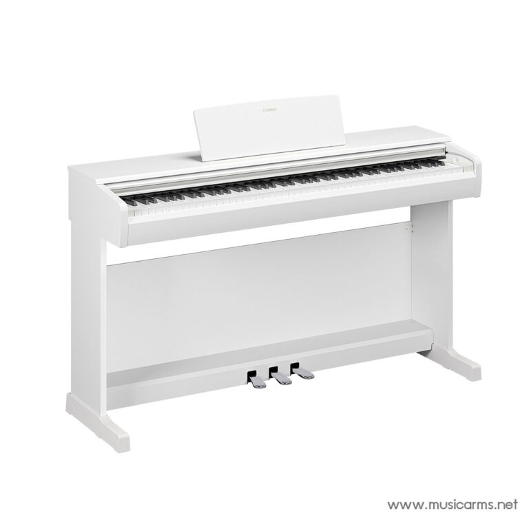 White digital piano with three pedals and a raised music stand on a white desk-style stand. ขายราคาพิเศษ