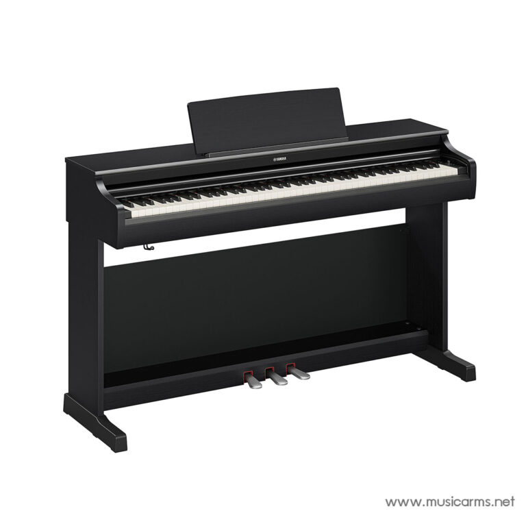 Black digital piano with three pedals and a music stand, shown from a slight side angle (Yamaha model). ขายราคาพิเศษ