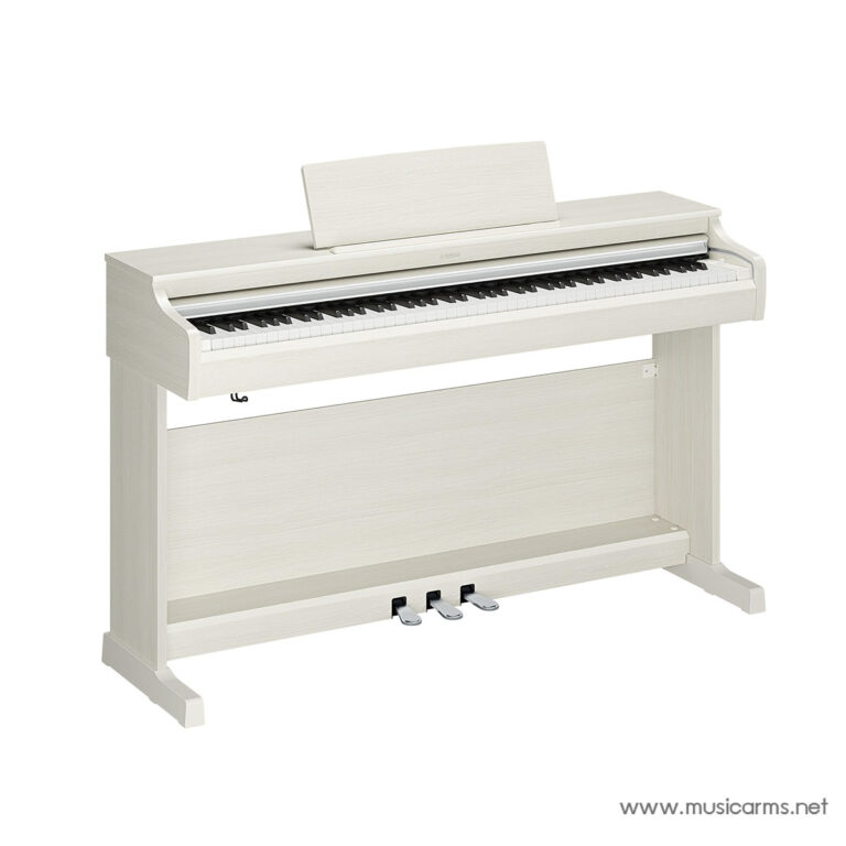 White wooden upright digital piano with a music rest, keyboard, and three pedals visible at the base. ขายราคาพิเศษ