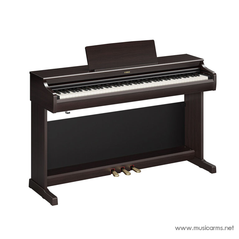 Dark wood digital piano with 88 keys and three pedals, front view, no bench shown, music stand folded down ขายราคาพิเศษ