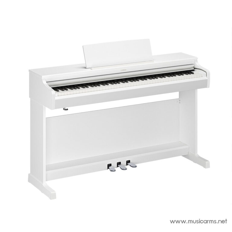 White upright piano with three pedals and a raised music stand against a white background. ขายราคาพิเศษ
