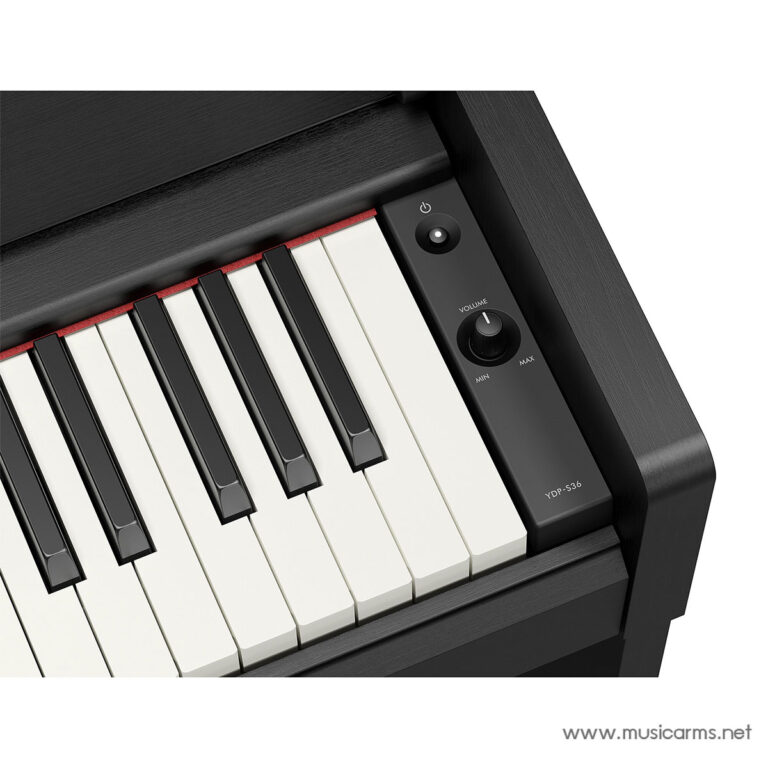 Close-up of the right side of a black digital piano showing white and black keys and a control panel with power and volume knobs (model YDP-S36). ขายราคาพิเศษ
