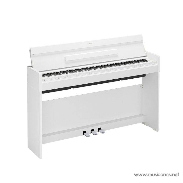 White upright digital piano with three pedals and a closed fallboard, Yamaha branding visible, set on white background ขายราคาพิเศษ