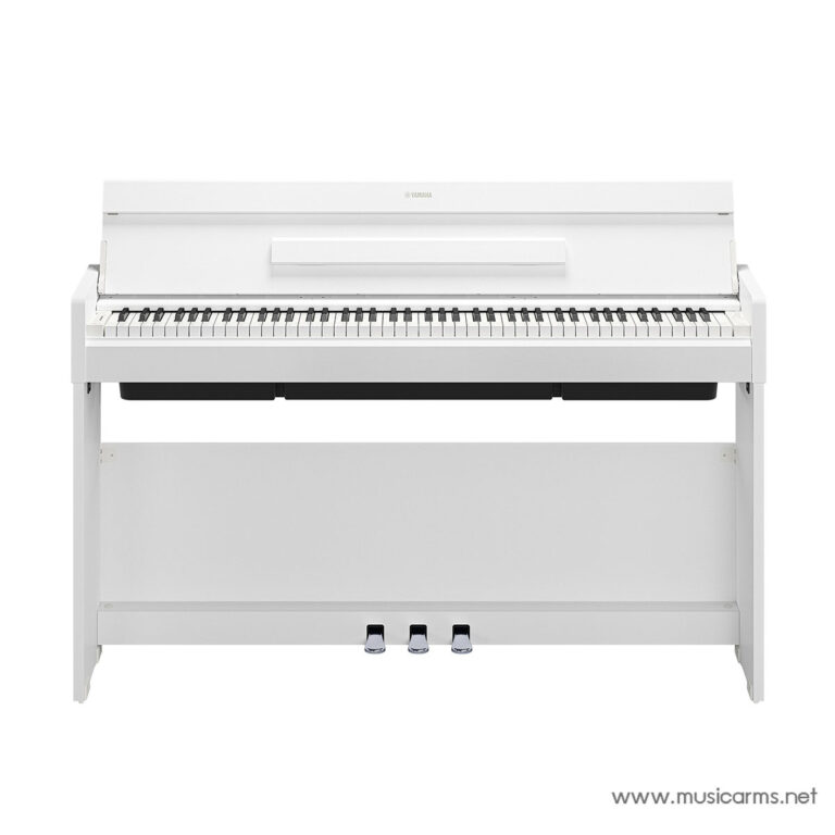 White Yamaha upright digital piano facing forward with three pedals visible at the bottom center ขายราคาพิเศษ