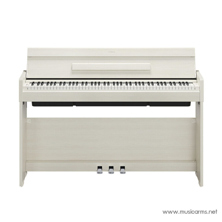 Cream-colored upright piano with a closed fallboard and three pedals at the base, showcasing a clean, minimalist design ขายราคาพิเศษ