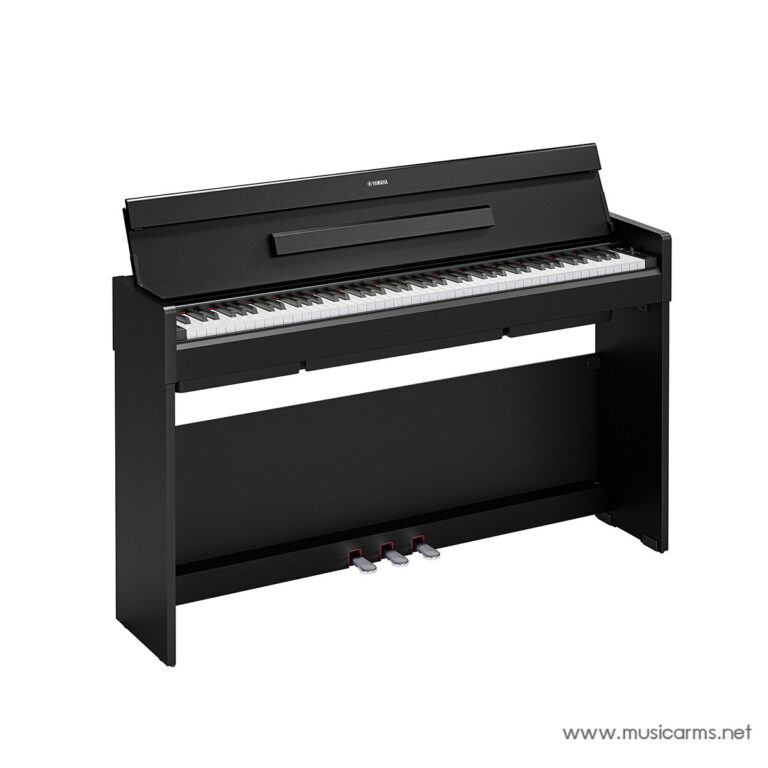 Black upright digital piano with three pedals, viewed from the front-right, Yamaha branding visible ขายราคาพิเศษ