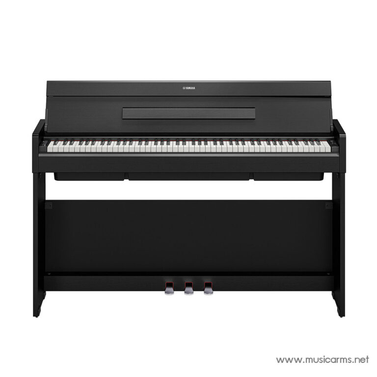Front view of a black Yamaha digital upright piano with 88 keys and three pedals, photographed against a white background, showing a sleek modern design. ขายราคาพิเศษ
