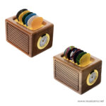 Two wooden retro radios featuring colorfully layered circular tuning discs on top and a round dial on the side. ลดราคาพิเศษ