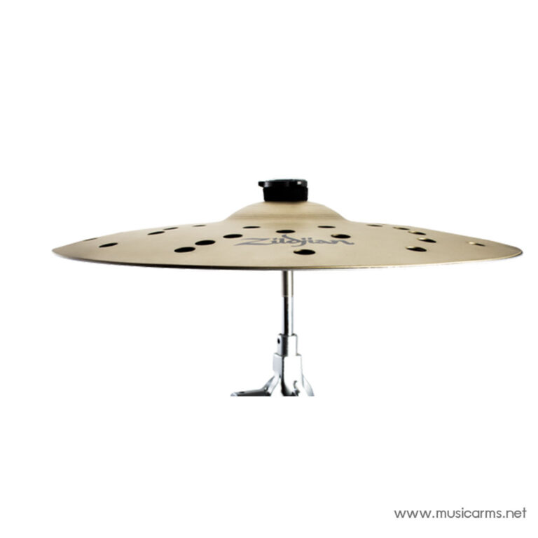 Gold perforated cymbal mounted on a chrome stand (Zildjian logo visible) against a white background, used as a percussion instrument. ขายราคาพิเศษ