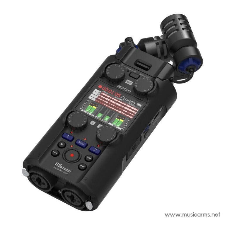 Zoom H5 Handy Recorder with built-in microphone capsule and colored level meters on the display front, showing controls and ports nearby. ขายราคาพิเศษ