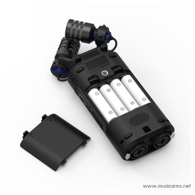 Black handheld music unit with four AA batteries installed and a detachable back cover removed nearby. ขายราคาพิเศษ