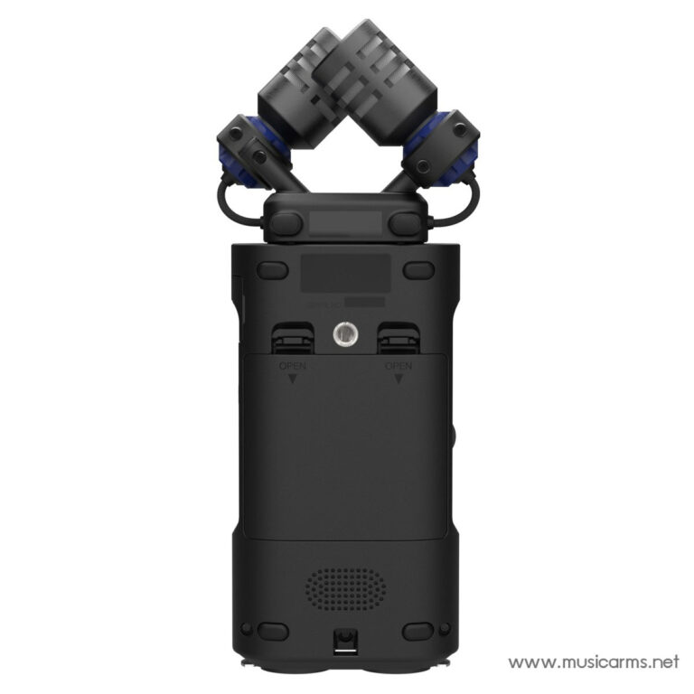 Rear view of a black handheld camera gimbal with two motor arms and blue joints, mounted on a battery grip for stabilization. Guards and cables visible on the sides. ขายราคาพิเศษ