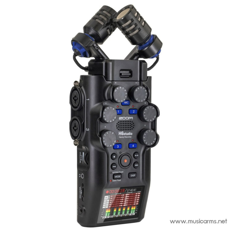 Zoom H6 Handy Recorder with attached stereo microphone pods for field audio recording, black handheld device with knobs on front. ขายราคาพิเศษ