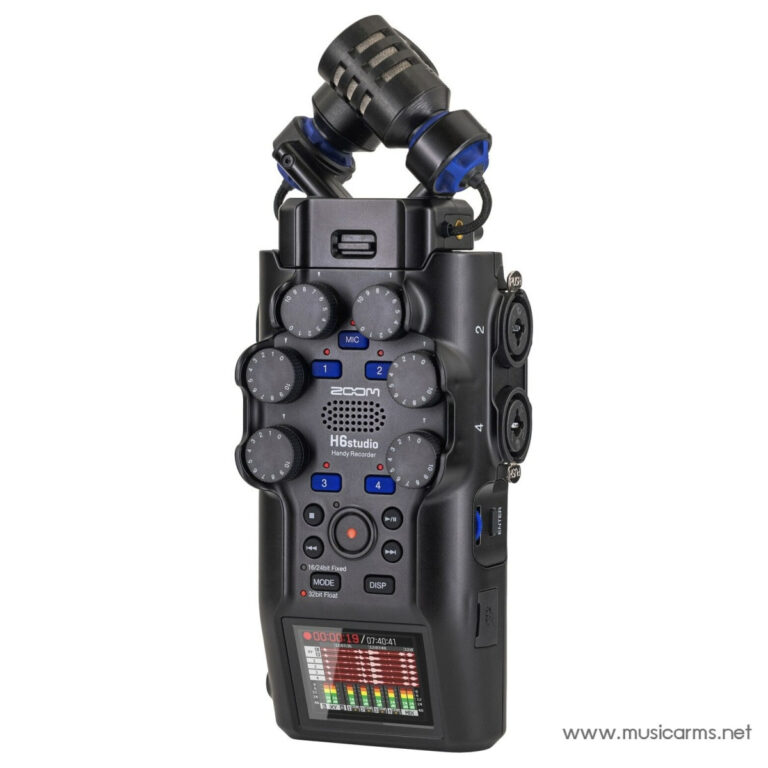 Handheld Zoom H6 Handy Recorder with multiple dials and a small screen, blue-capped microphone on top for field audio recording. ขายราคาพิเศษ