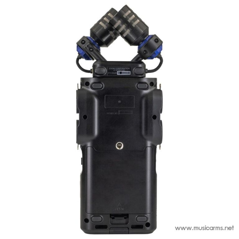 Rear view of a Zoom portable audio recorder with dual adjustable microphone capsules mounted on blue joints ขายราคาพิเศษ