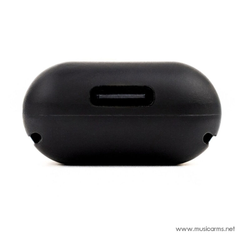 Close-up of a black, rounded charging case with a USB-C port in the middle. ขายราคาพิเศษ