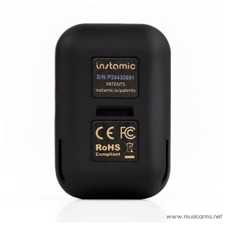 Back view of a small black Instamic device showing serial label and RoHS/CE logos; patent info and site URL visible. ขายราคาพิเศษ