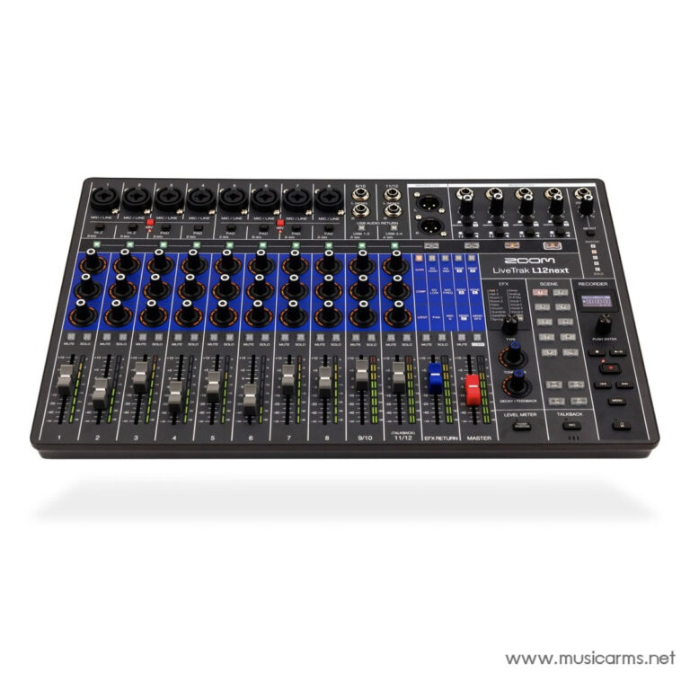 12-channel audio mixer with blue fader section, multiple knobs, and input/output jacks (LiveTrak L12next) front panel view ขายราคาพิเศษ