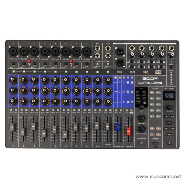 Zoom LiveTrak L12 12-channel audio mixer with faders, knobs, and various input jacks visible on the front panel. ขายราคาพิเศษ