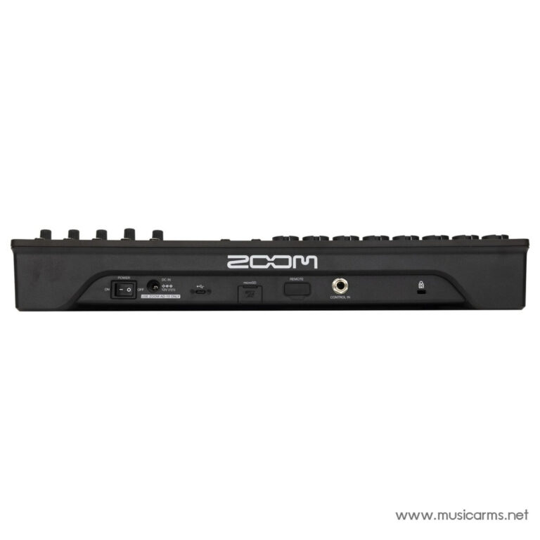Rear view of a black Zoom keyboard showing ports: DC in, USB, microSD, control in, and power switch; brand logo visible. ขายราคาพิเศษ